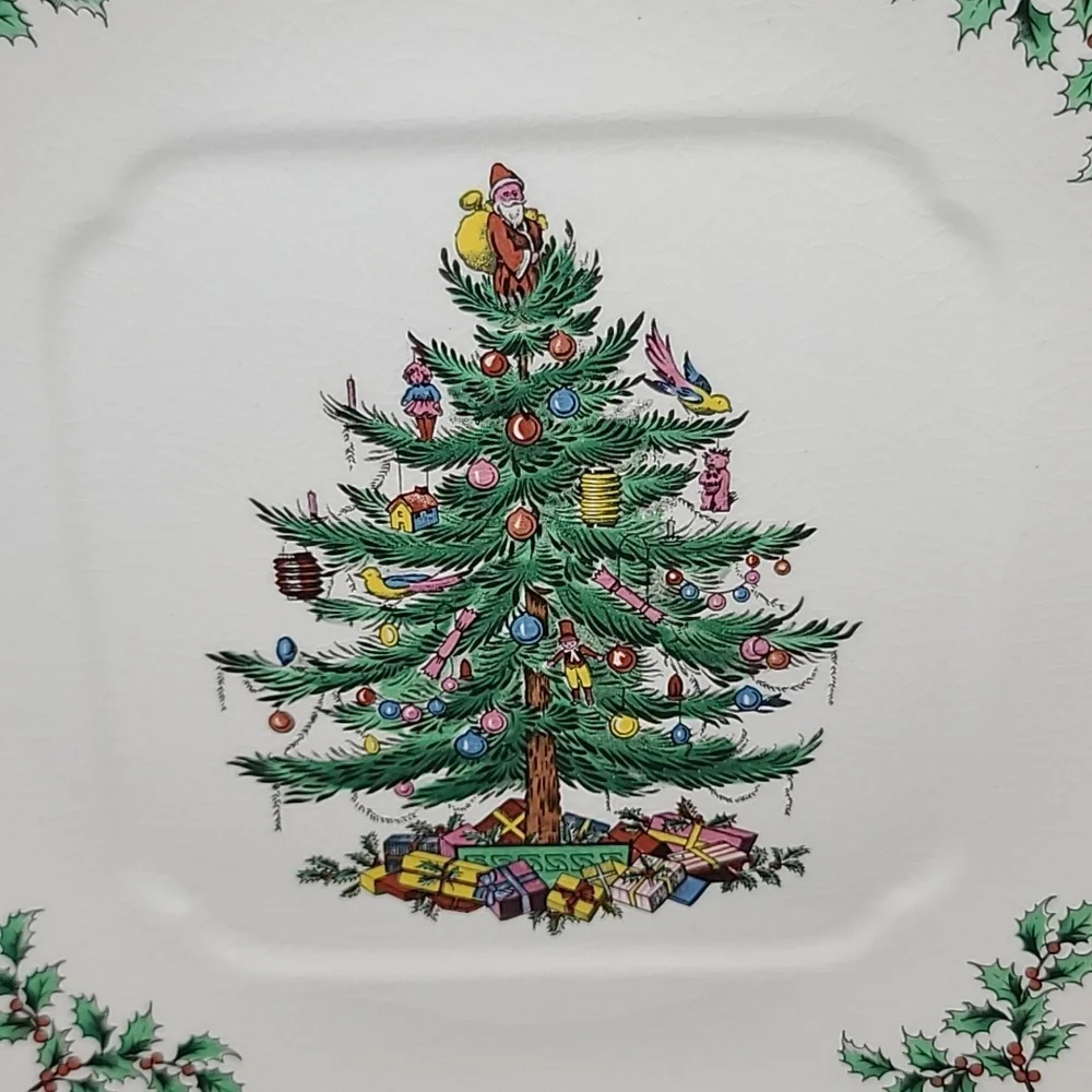 Spode Christmas Tree Vintage Collectible Ceramic Handled Square Cake Plate